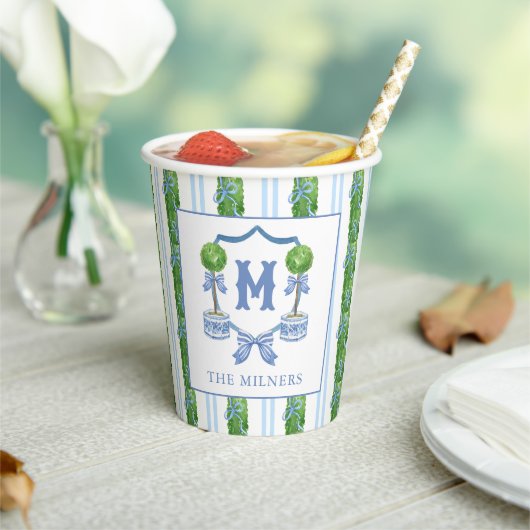 Chinoiserie Waterverf Bow Topiary Monogram Crest Papieren Bekers (Insitu)
