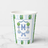 Chinoiserie Waterverf Bow Topiary Monogram Crest Papieren Bekers (Voorkant)