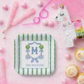 Chinoiserie Waterverf Bow Topiary Monogram Crest Papieren Bordje (Feest)