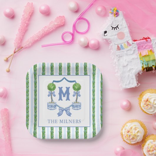 Chinoiserie Waterverf Bow Topiary Monogram Crest Papieren Bordje (Feest)