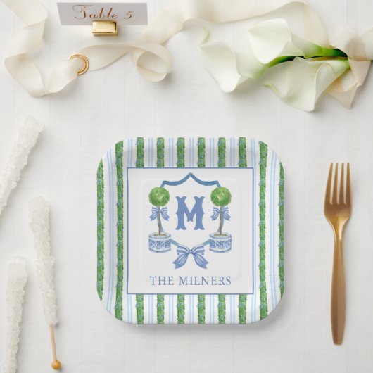 Chinoiserie Waterverf Bow Topiary Monogram Crest Papieren Bordje (Huwelijk)