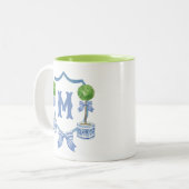 Chinoiserie Waterverf Bow Topiary Monogram Crest Tweekleurige Koffiemok (Voorkant links)