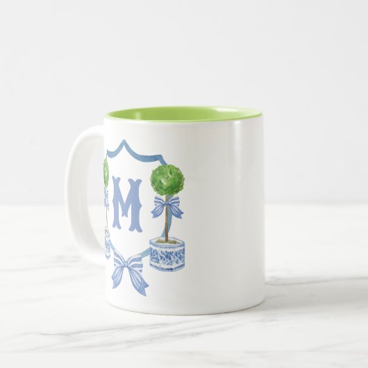 Chinoiserie Waterverf Bow Topiary Monogram Crest Tweekleurige Koffiemok (Voorkant links)