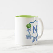 Chinoiserie Waterverf Bow Topiary Monogram Crest Tweekleurige Koffiemok (Voorkant rechts)