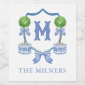 Chinoiserie Waterverf Bow Topiary Monogram Crest Wijn Etiket (Enkel label)