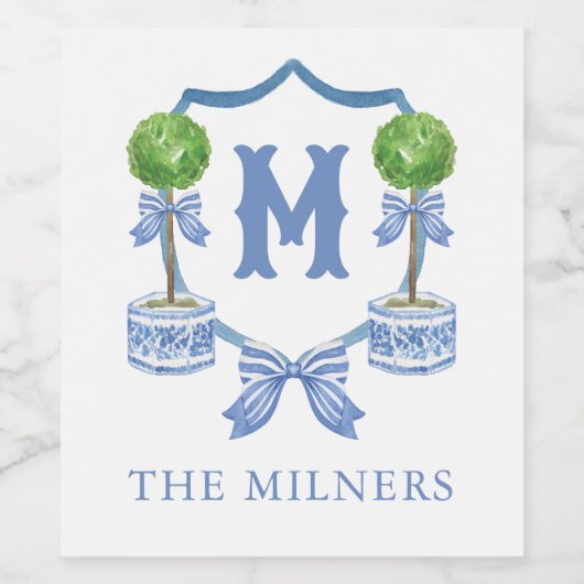 Chinoiserie Waterverf Bow Topiary Monogram Crest Wijn Etiket (Enkel label)