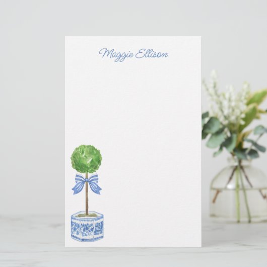 Chinoiserie Waterverf bow Topiary Stationery Briefpapier (Staand voorkant)