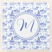 Chinoiserie Waterverf Pagoda Pattern Monogram Glazen Onderzetter (Voorkant)