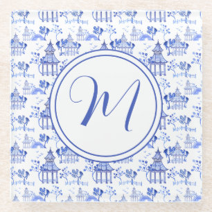 Chinoiserie Waterverf Pagoda Pattern Monogram Glazen Onderzetter