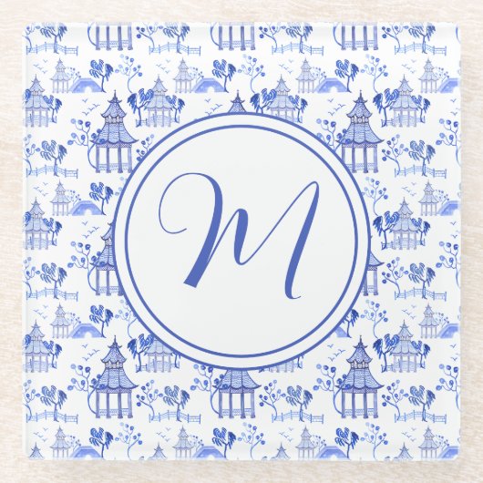 Chinoiserie Waterverf Pagoda Pattern Monogram Glazen Onderzetter (Voorkant)