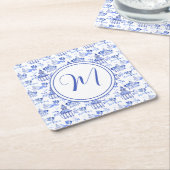 Chinoiserie Waterverf Pagoda Pattern Monogram Kartonnen Onderzetters (Schuin)