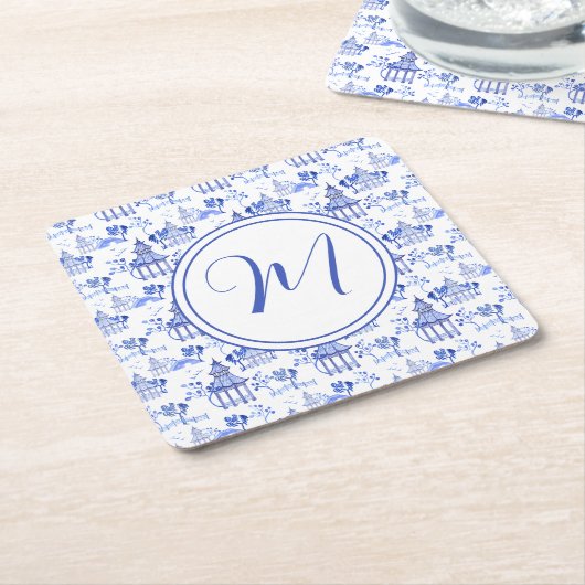 Chinoiserie Waterverf Pagoda Pattern Monogram Kartonnen Onderzetters (Schuin)