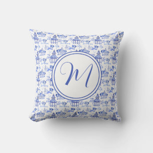 Chinoiserie Waterverf Pagoda Pattern Monogram Kussen