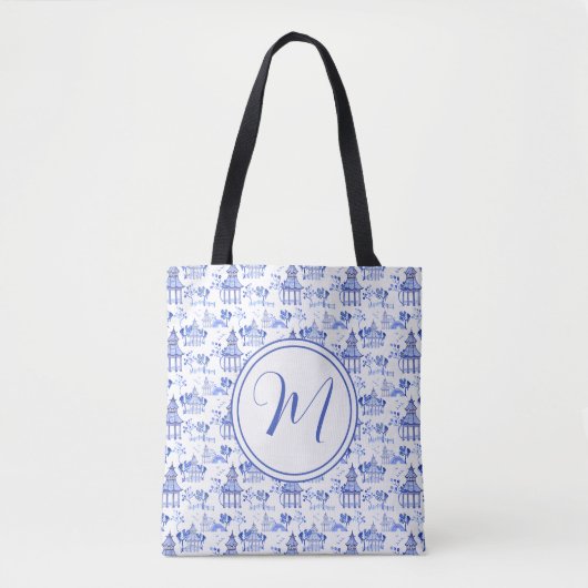 Chinoiserie Waterverf Pagoda Pattern Monogram Tote Bag (Voorkant)