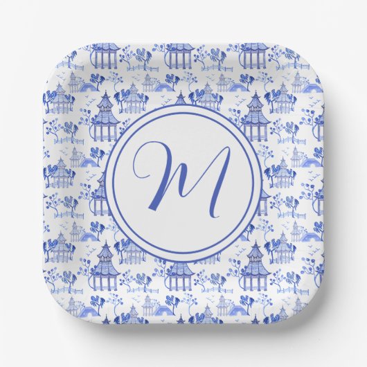 Chinoiserie Waterverf Pagoda Pattern Papieren Bordje (Voorkant)