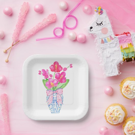 Chinoiserie Waterverf Pink Orchid Ginger Jar Vase Papieren Bordje (Feest)