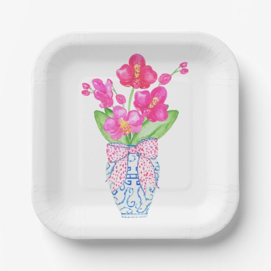 Chinoiserie Waterverf Pink Orchid Ginger Jar Vase Papieren Bordje (Voorkant)