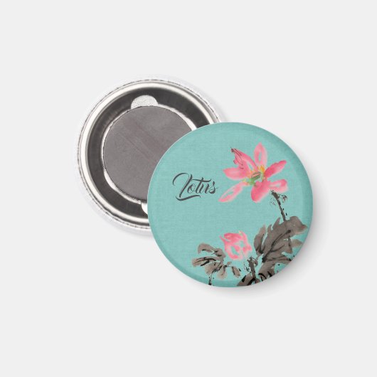 Chinoiserie Waterverf schilderij Floral Lotus Gree Magneet (Voorkant / Achterkant)