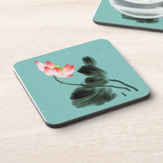 Chinoiserie Waterverf Schilting Lotus Floral Bier Onderzetter (Linkerzijde)