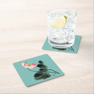 Chinoiserie Waterverf Schilting Lotus Floral Kartonnen Onderzetters