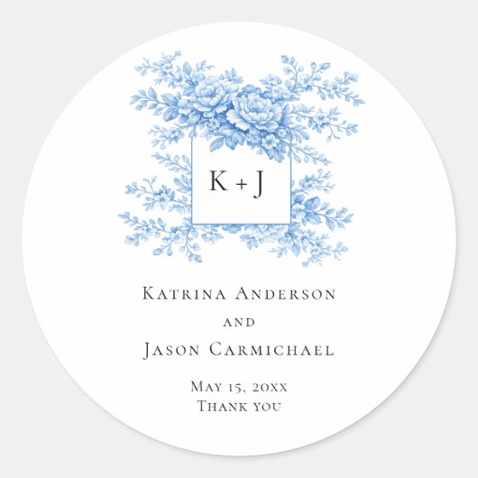 Chinoiserie Wedding Floral Monogram Elegant Ronde Sticker (Voorkant)