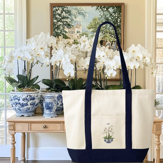 Chinoiserie White Orchid Contrast Trim Boat Tote Bag