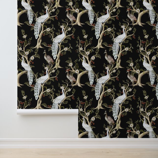 Chinoiserie White Peacock Pioen Zwart Behang (Applicatie)