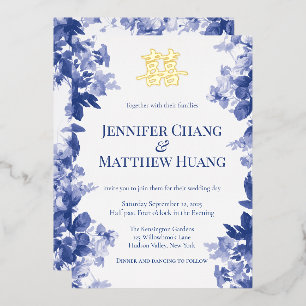 Chinoiserie Wit en Blauw Bloemmotief Dubbel Geluk Folie Uitnodiging