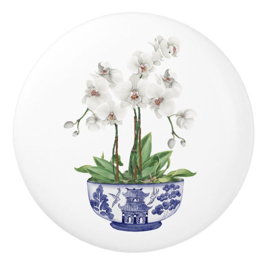 Chinoiserie Witte Orchidee Keramische Knop (Voorkant)