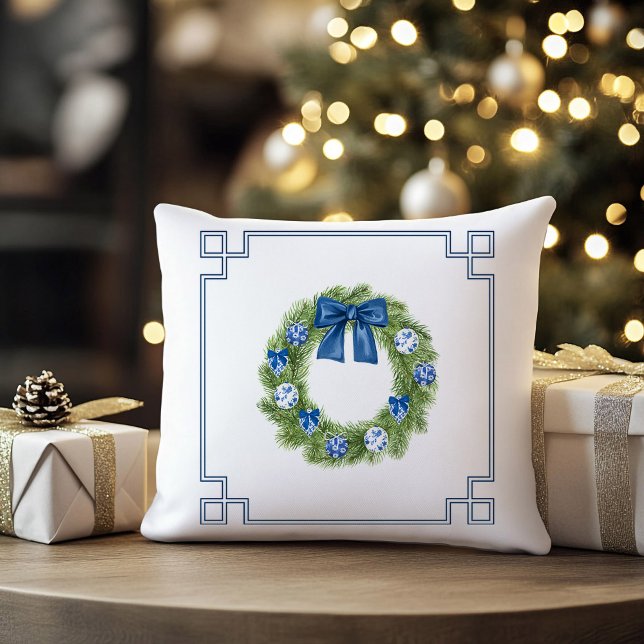 Chinoiserie Wreath Monogram Kerstvakantie Kussen (Chinoiserie Christmas wreath monogrammed pillow)