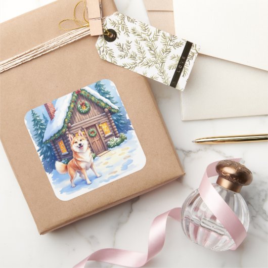 Chinook Rustic Log Cabin Christmas Art Vierkante Sticker (Geschenken)