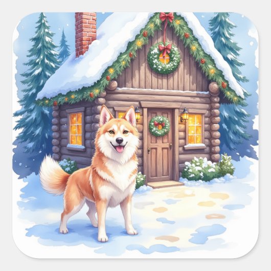 Chinook Rustic Log Cabin Christmas Art Vierkante Sticker (Voorkant)