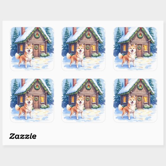 Chinook Rustic Log Cabin Christmas Art Vierkante Sticker (Vel)