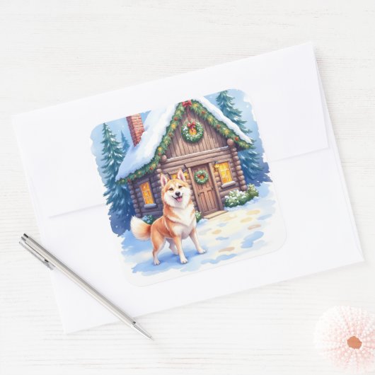Chinook Rustic Log Cabin Christmas Art Vierkante Sticker (Envelop)