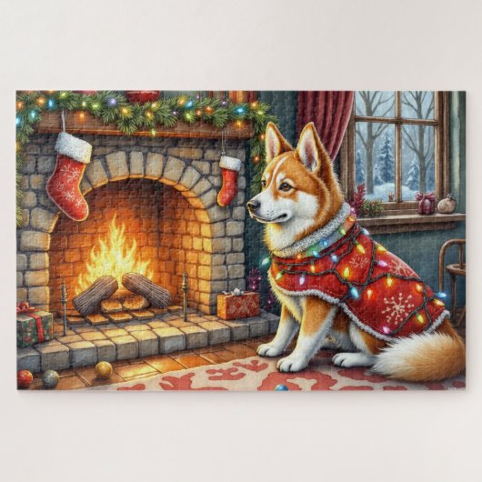 Chinook Sitting by Fireplace with Christmas Lights Legpuzzel (Horizontaal)
