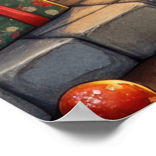 Chinook Sitting by Fireplace with Christmas Lights Poster (Hoek)