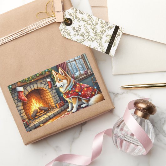 Chinook Sitting by Fireplace with Christmas Lights Rechthoekige Sticker (Geschenken)