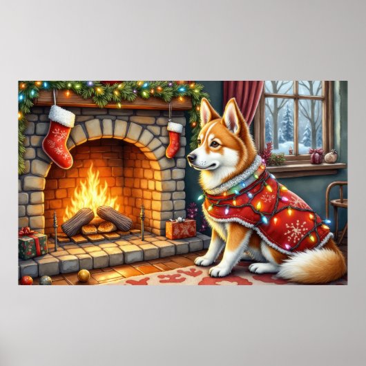 Chinook zit bij open haard met kerstverlichting poster (Voorkant)