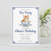 Chinoserie Kitten Waterverf Tea Party Verjaardag Kaart (Staand voorkant)