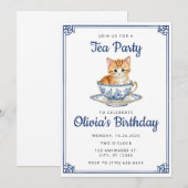 Chinoserie Kitten Waterverf Tea Party Verjaardag Kaart (Voorkant / Achterkant)