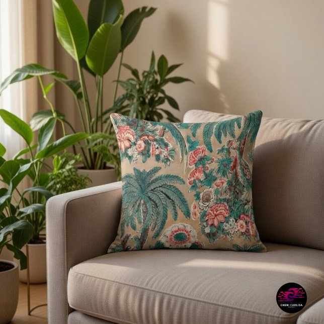  Chintz bloementropisch patroon Kussen (A 1936 tropical chintz throw pillow bringing cozy florals and heritage charm to your space)