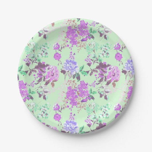  Chintz bloemmotief Mint Groen Paars Papieren Bordje (Voorkant)