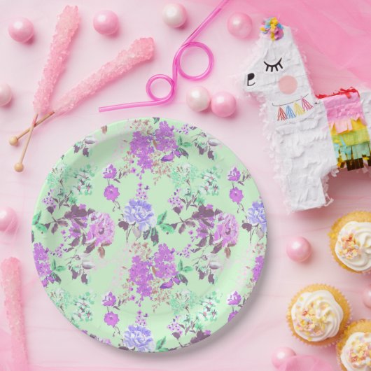  Chintz bloemmotief Mint Groen Paars Papieren Bordje (Feest)
