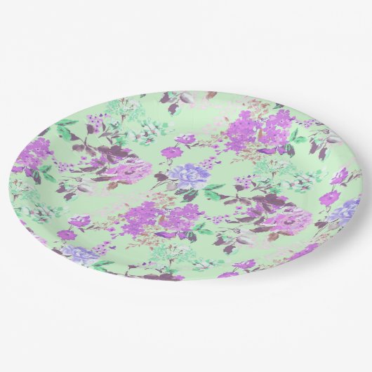  Chintz bloemmotief Mint Groen Paars Papieren Bordje (Gekanteld)