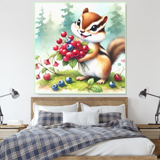 Chipmuk holding berries canvas afdruk (Insitu (Slaapkamer))