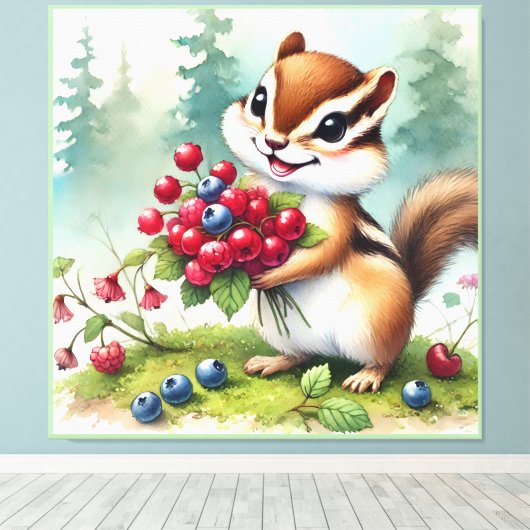 Chipmuk holding berries canvas afdruk (Insitu (Houten vloer))