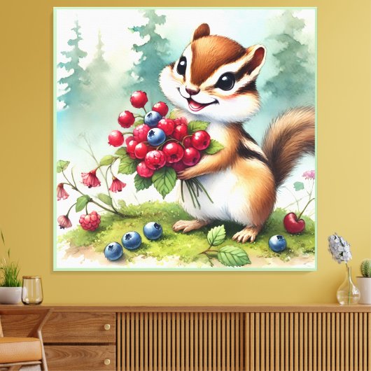 Chipmuk holding berries canvas afdruk (Insitu (Woonkamer))