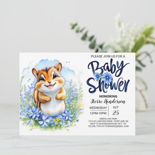 Chipmunk Blue Boy Baby shower Kaart (Staand voorkant)