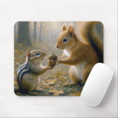 Chipmunk en eekhoorn delen een eikel muismat (Met muis)