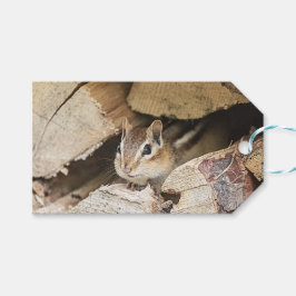 Chipmunk in een houten stapel cadeaulabel